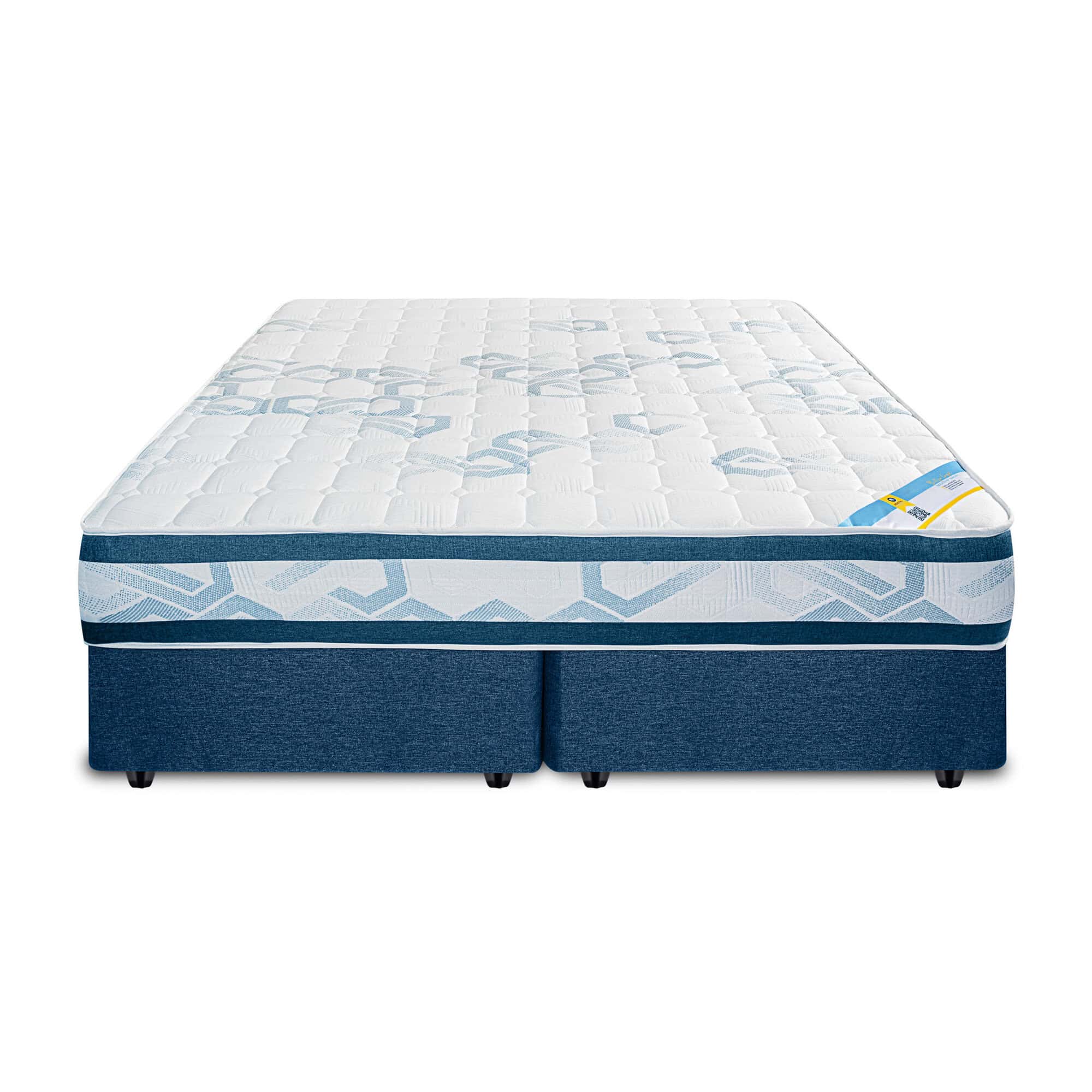 Comfortable blue and white mattress for rental or purchase, ideal for a good night's sleep.